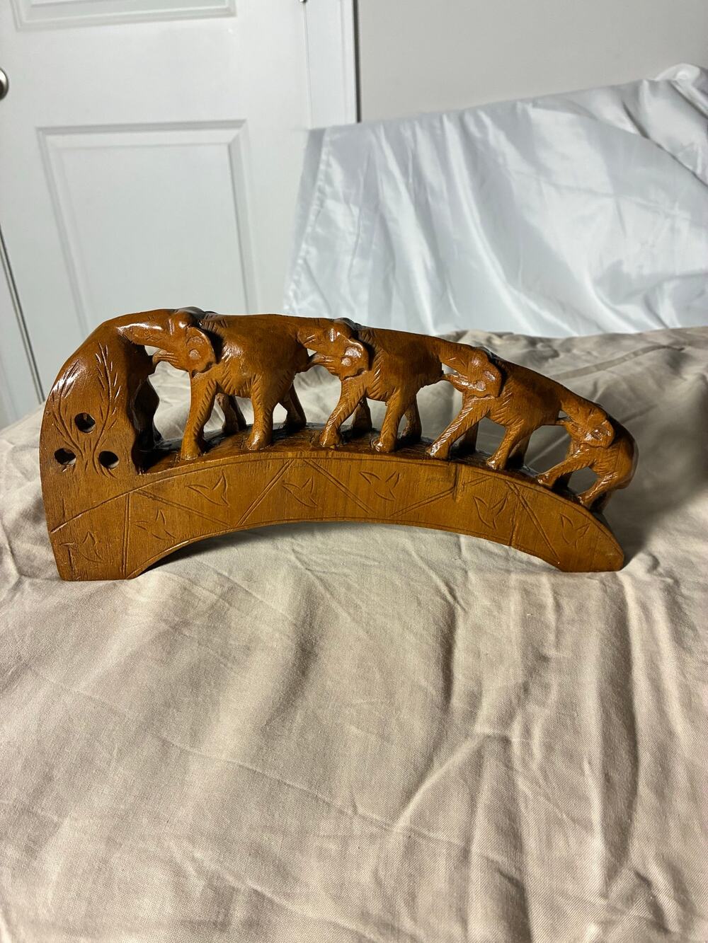 Hand Carved Wood Elephant Family Bridge 12" India Folk Art Sculpture Decor